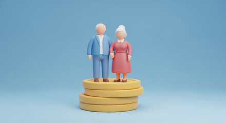 Naklejka na ściany i meble illustration of an elderly couple standing on a stack of gold coins representing successful retirement savings and pension growth