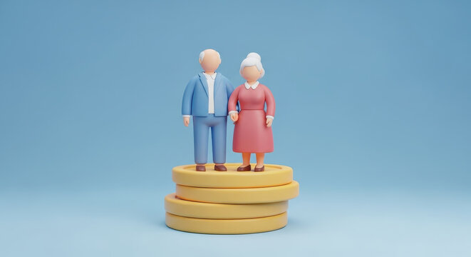 illustration of an elderly couple standing on a stack of gold coins representing successful retirement savings and pension growth