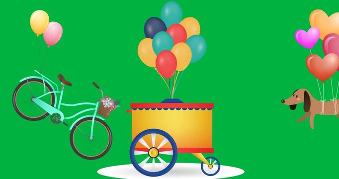 Digital animation of bicycle, cart and dog tied to balloons floating against black background