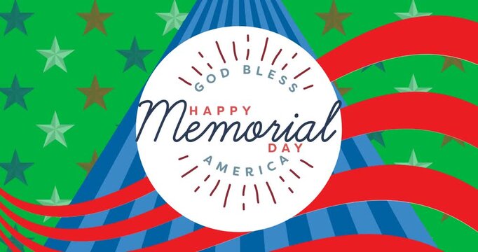 Happy memorial day text on white banner over red wavy lines against blue radial stripes and stars