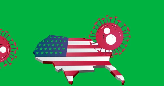 Multiple covid-19 cells falling over american flag design over us map on black background