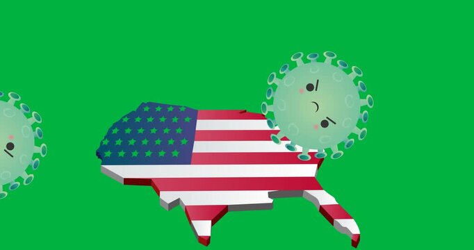 Multiple covid-19 cells falling over american flag design over us map on black background