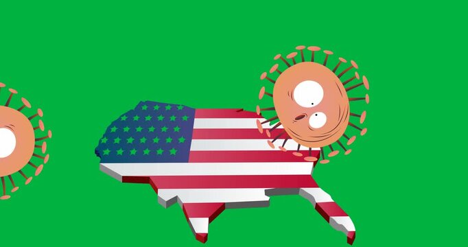 Multiple covid-19 cells falling over american flag design over us map on black background
