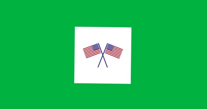 Digital animation of american flag icons over white square banner against black background