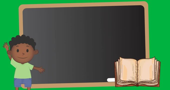 Digital animation of school boy and notebook icons against wooden slate on black background