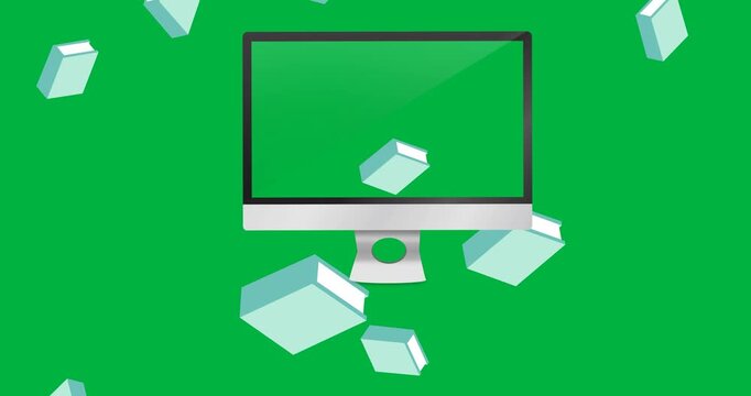 Digital animation of computer icon and multiple green book icons falling against black background