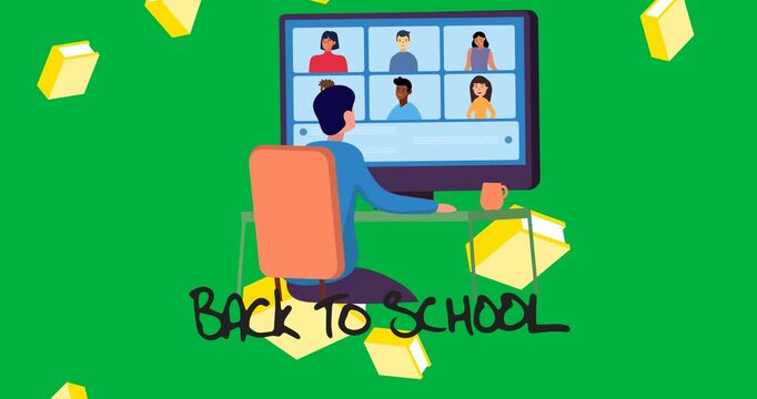 School boy on video call on computer icon against multiple books icons on black background