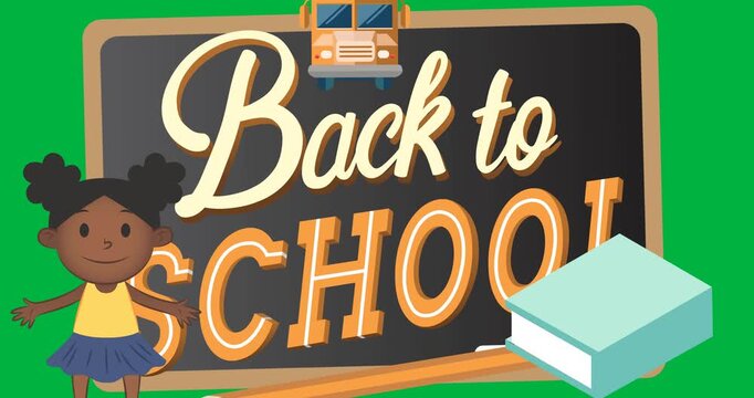School girl and green notebook icons against back to school text on wooden slate