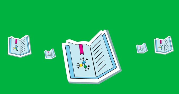 Digital animation of multiple text book icons against black background