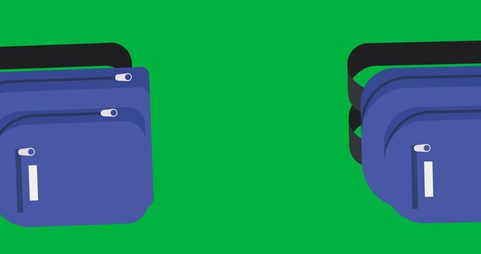 Digital animation of multiple blue school bag icons floating against black background