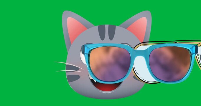 Digital animation of multiple changing sunglasses icons over cat face emoji against black background