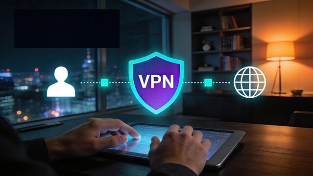 Secure remote work with VPN technology hands using tablet in modern office at night data protection privacy shield global network connection cybersecurity concept digital safety
