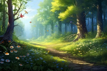 Naklejka premium Forest path winding through trees with scattered butterflies and wildflowers in morning sunlight