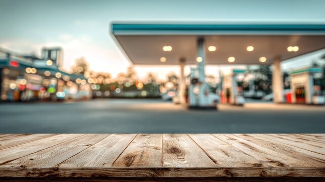 Wooden table in front of blurred gas station with fuel pumps, street lights and cars in urban environment during sunset or evening time outdoors.