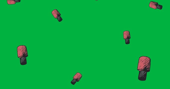 Digital animation of multiple nail paint icons falling against black background