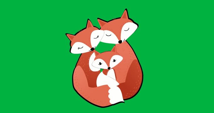 Digital animation of fox family hugging each other icon against black background