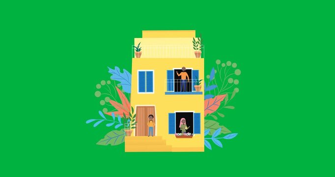 Digital animation of family at home icon against black background