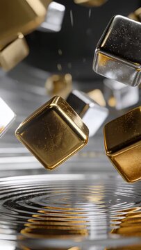 Vertical video: Falling drops making rings as gold cube turning above mirror pool set, silver cubes