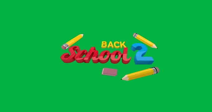 Colorful back to school text banner with pencil and eraser icons against black background
