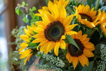 Obraz premium Sunflowers blooming in a beautiful bouquet with green foliage