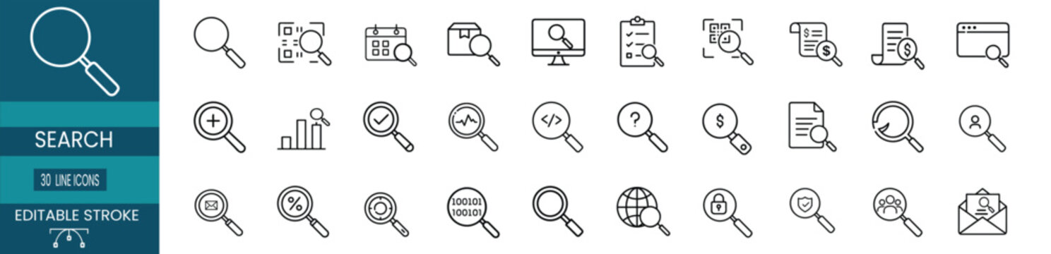 Search and data analysis web line icons set featuring target research magnifying glass money currency find email coding security shield and more Vector Illustration with editable stroke