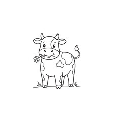 Obraz premium Cute cartoon cow with a flower in its mouth black and white outline.