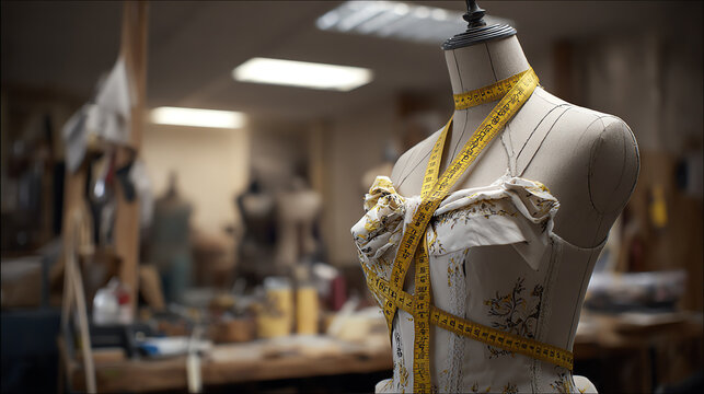 A stylish mannequin adorned with a measuring tape in a vibrant fashion studio showcasing creativity and design.