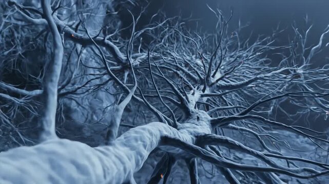 Neurons receiving reduced electrical signals due to limited blood flow. Synapses glow less intensely, and the pathways show slower flickering patterns