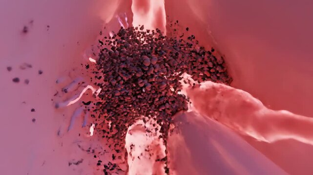 A cerebral artery branching through soft neural tissue, glowing with rhythmic pulses of blood flow. A subtle interruption appears as a cluster of particles slows circulation at a narrowing point