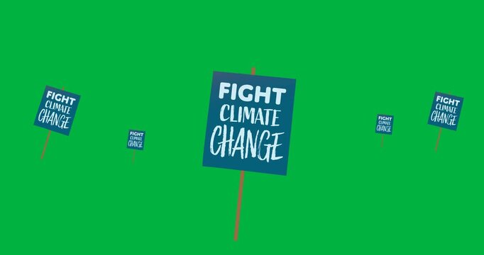 Digital animation of fight climate change text on multiple protest banners against black background