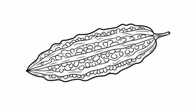 Black and white sketch of a long, bumpy bitter gourd with a stem