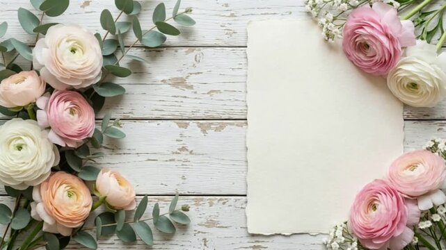 video of ranunculus bouquet and deckled white cardstock on rustic wooden surface. perfectly suited for wedding invitations, greeting cards, banners, or promotional materials for floral shops