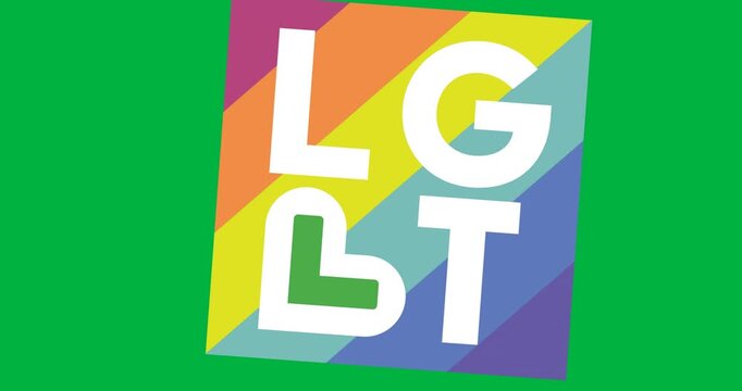 Digital animation of lgbt text over square rainbow banner against black background