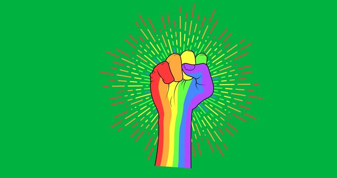 Digital animation of glowing rainbow fist icon against black background