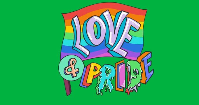 Digital animation of love and pride text over rainbow flag against black background