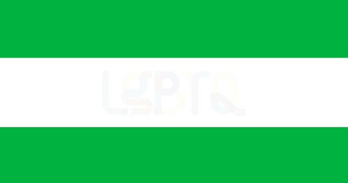 Digital animation of rainbow lgbtq text banner over a white stripe against black background