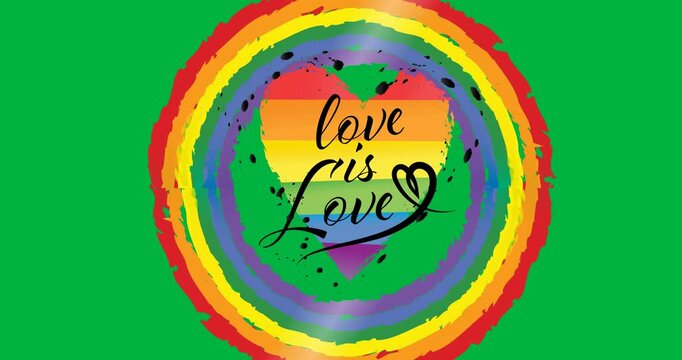 Love is love text on rainbow heart icon over a rainbow circle against black background