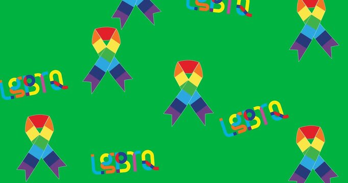 Multiple rainbow ribbon icons and lgbtq text banners falling against black background