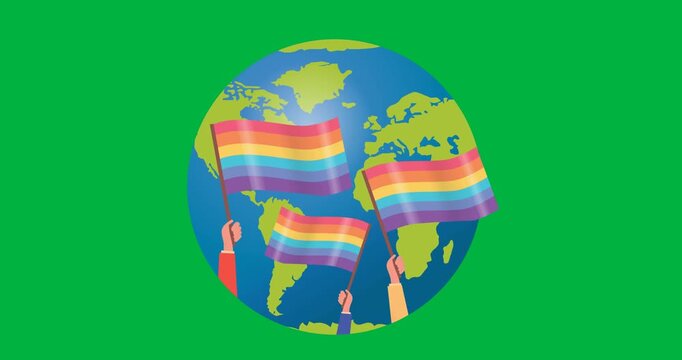 Digital animation of hands holding rainbow flags over globe icon against black background