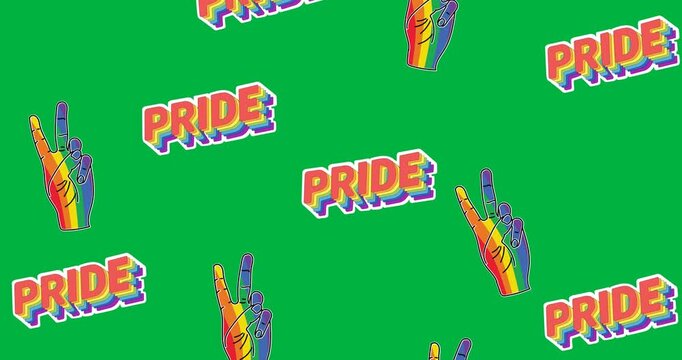 Multiple rainbow hand peace symbols and pride text banners falling against black background