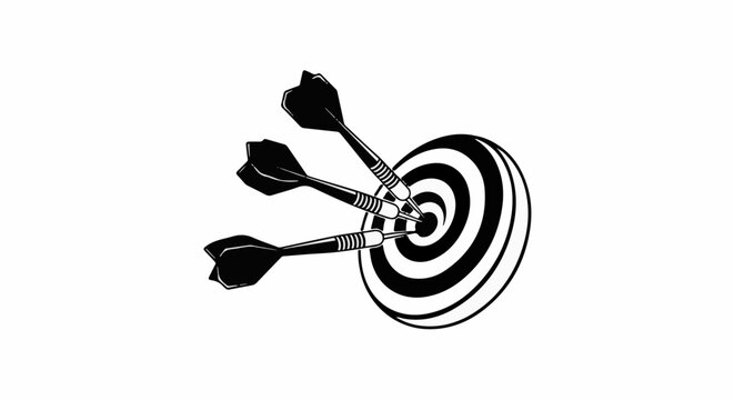 Black and white illustration of three darts hitting a dartboard target