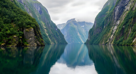 Fototapeta premium Serene landscape of a fjord with steep cliffs covered in lush greenery and a calm body of water reflecting the mountains