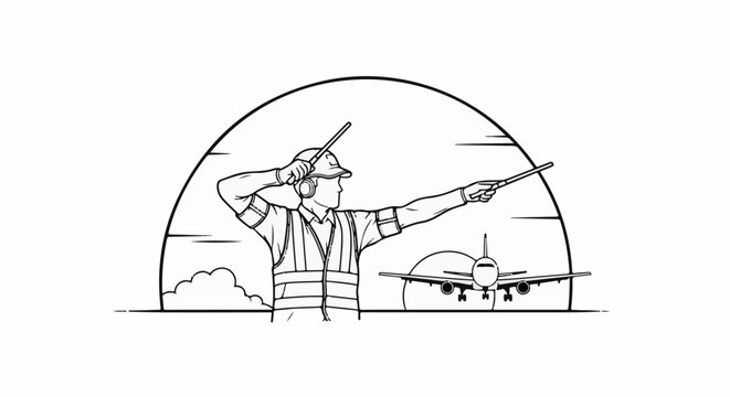Airport worker guides an airplane with illuminated batons under a sunset arch