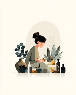 Woman tending a collection of indoor potted plants in a minimalist home interior illustration