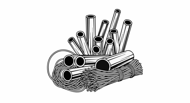 Assorted metal pipes and thin wire rods bundled together on a white background