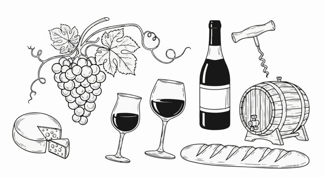 An assortment of wine, cheese, grapes, bread, and a barrel