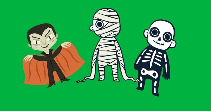 Halloween digital art features creepy icons like mummies and vampires on a dark background.