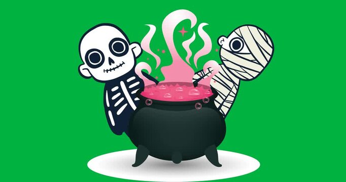 Halloween digital art features spooky elements like skeletons and potions on black.