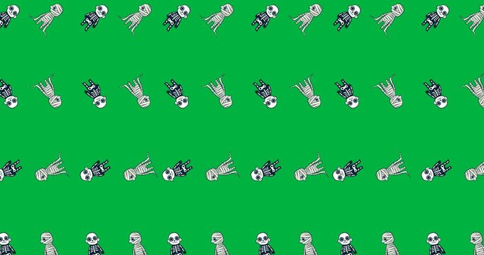 Halloween digital pattern features mummies and skeletons on a black background.