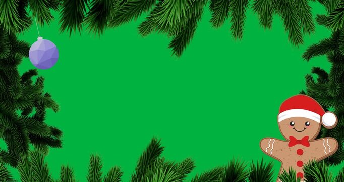 Digital animation of tree branches over blue bauble and gingerbread icons against black background